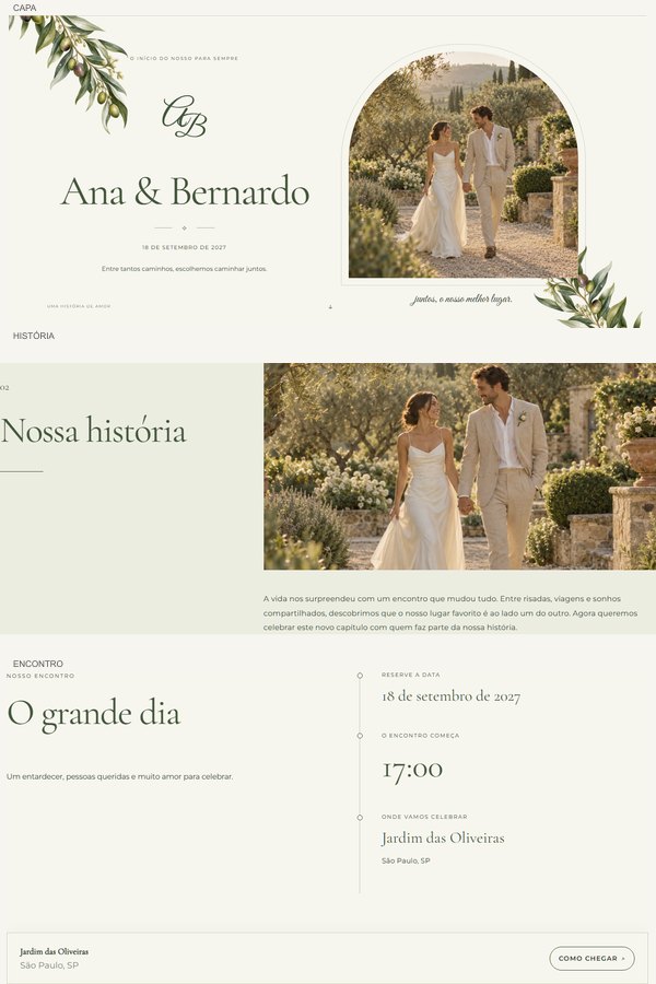 Modelo Jardim de Oliveiras com a história fictícia de Ana e Bernardo